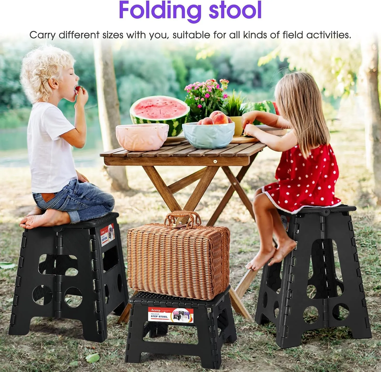 ACSTEP 17.5 Inch Folding Step Stool for Adults and Kids, Non-Slip Plastic Foldable Stepping Stool, Collapsible Folding Stool with Handle Holds Up to 400lbs for Kitchen, Dot Black (1 Pack)
