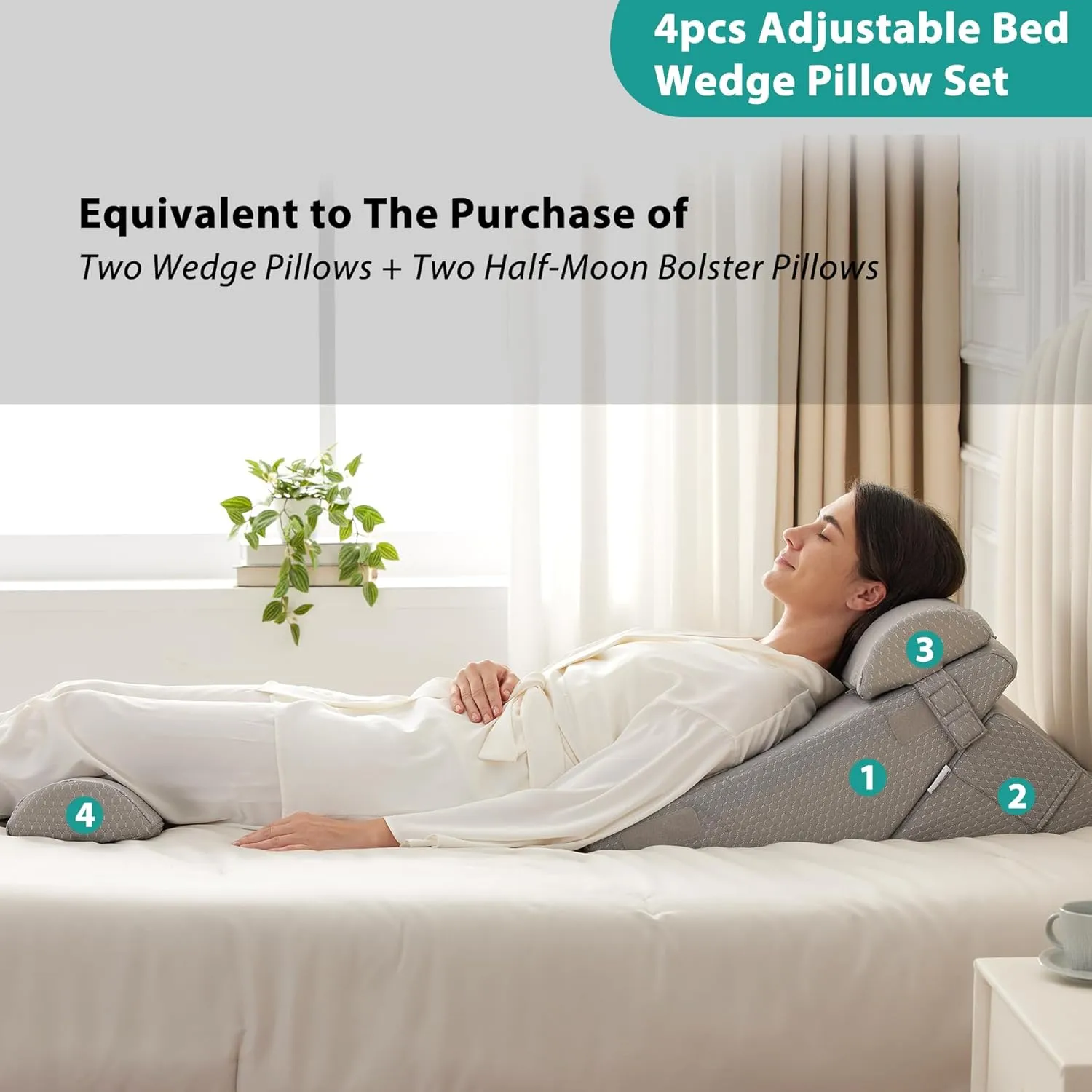 Adjustable 4pcs Bed Wedge Pillow Set, Memory Foam Wedge Pillows Post Surgery for Back, Neck, Leg Pain Relief, Pillow Wedge for Sleeping, Sitting up in Bed, Acid Reflux and GERD, Grey
