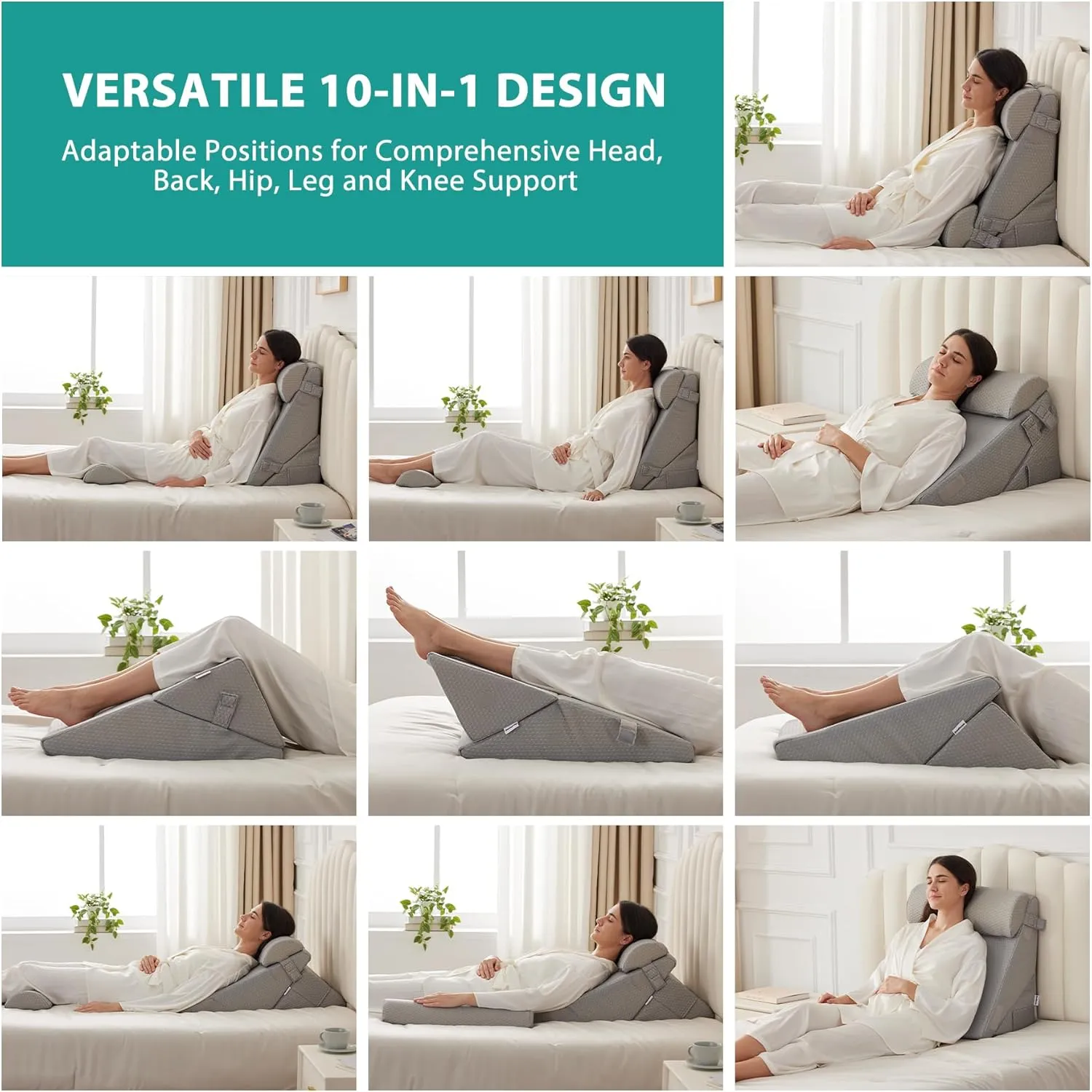 Adjustable 4pcs Bed Wedge Pillow Set, Memory Foam Wedge Pillows Post Surgery for Back, Neck, Leg Pain Relief, Pillow Wedge for Sleeping, Sitting up in Bed, Acid Reflux and GERD, Grey