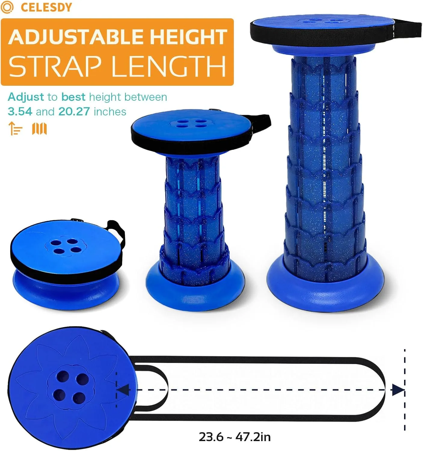 Adjustable Retractable Portable Collapsible Folding Stool，Compact Telescoping Stool for Adults Heavy Duty with Load Capacity 770 lbs, Chair Camping Travel Hunting (Blue), HX20210818
