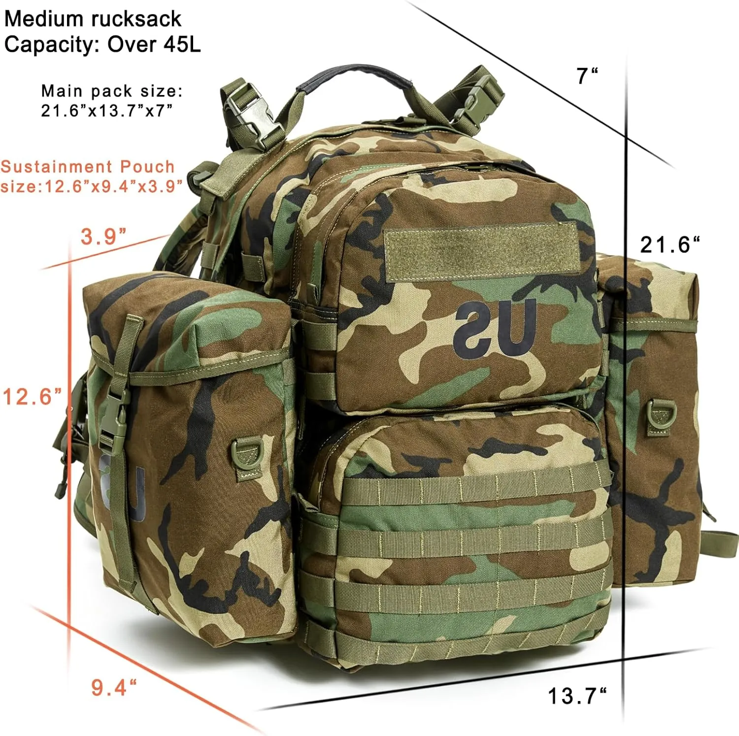Akmax MOLLE II Medium Rucksack Military Tactical Backpack with Detachable Side Pouches & Upgraded Frame for Enhanced Comfort