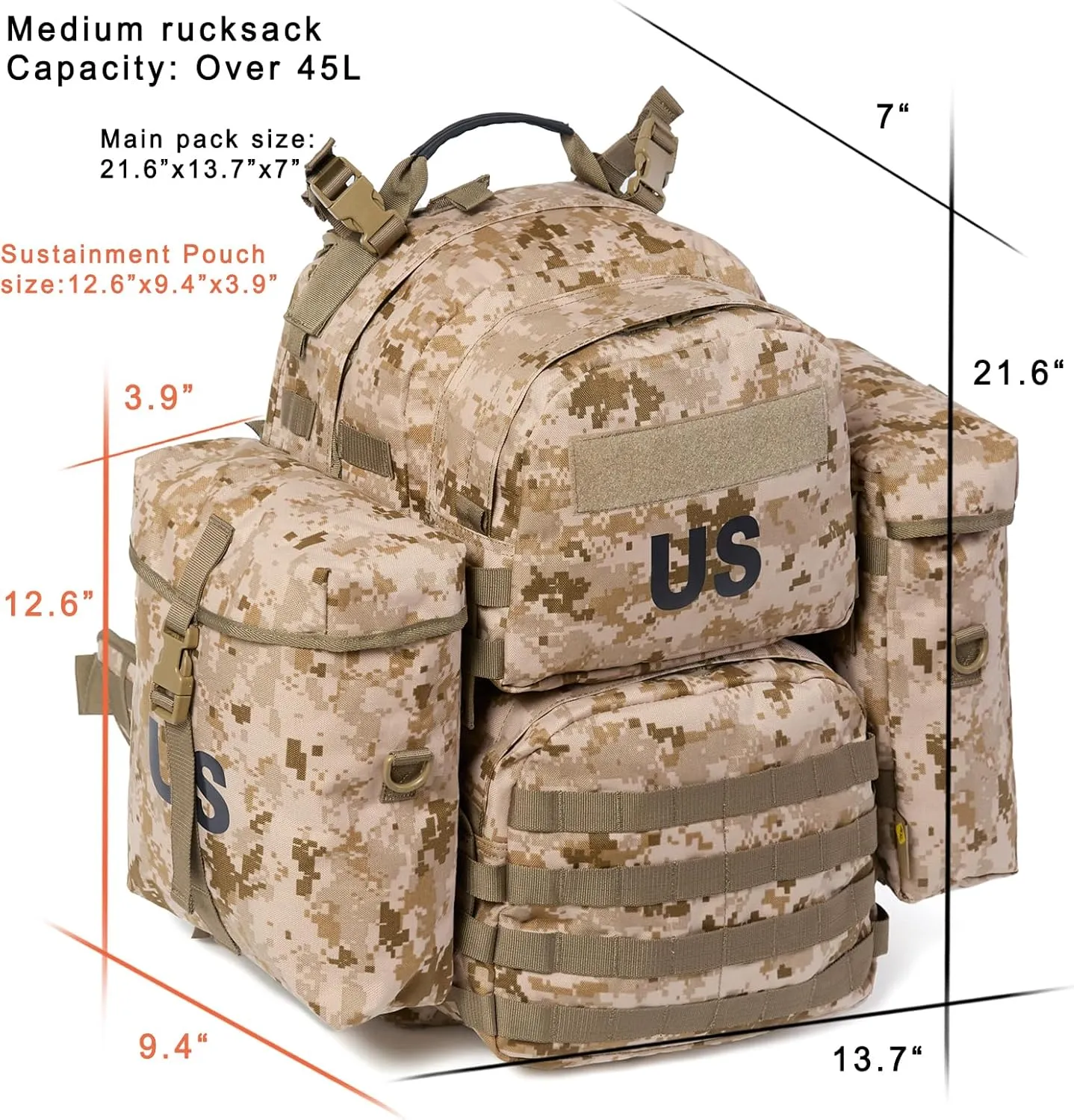 Akmax MOLLE II Medium Rucksack Military Tactical Backpack with Detachable Side Pouches & Upgraded Frame for Enhanced Comfort