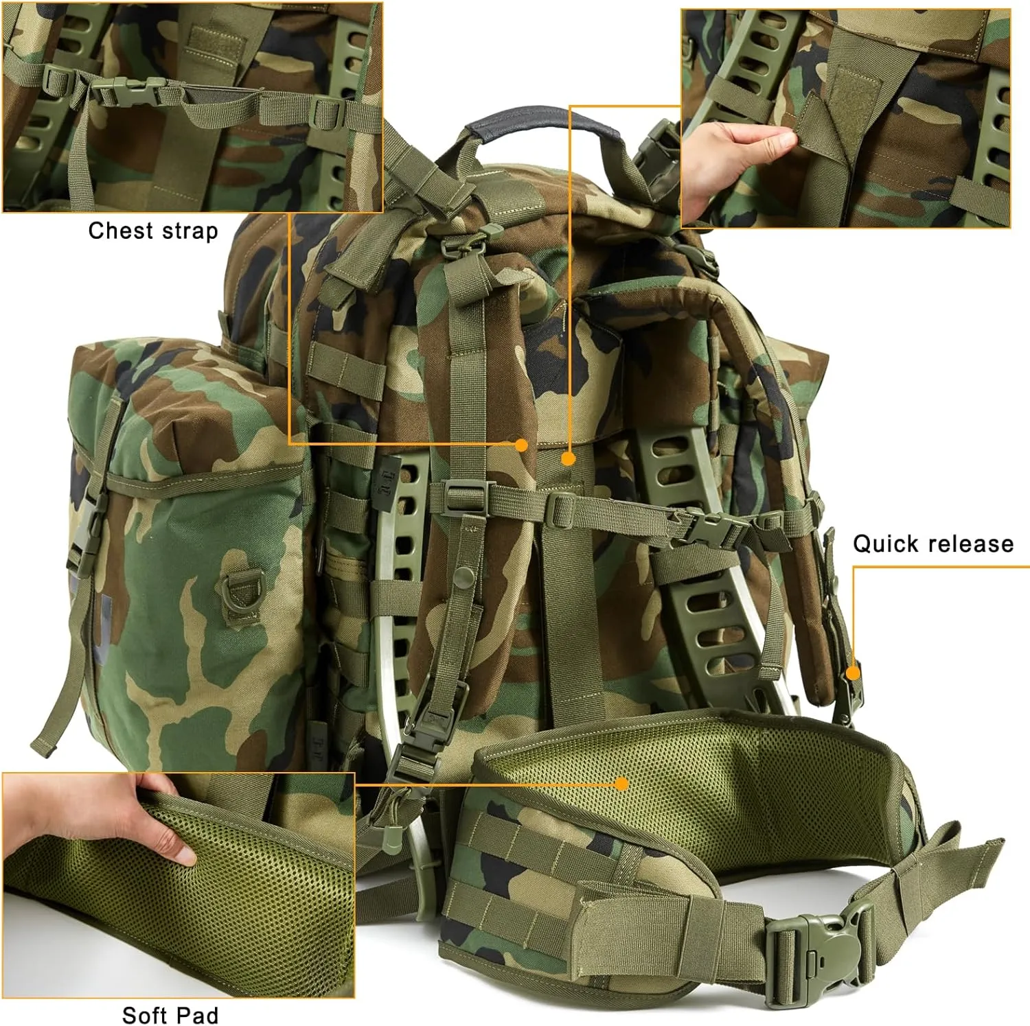 Akmax MOLLE II Medium Rucksack Military Tactical Backpack with Detachable Side Pouches & Upgraded Frame for Enhanced Comfort