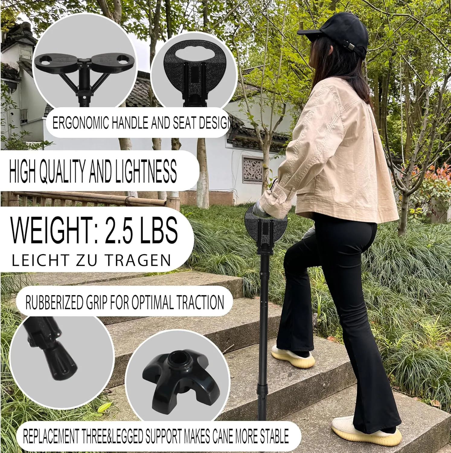 ALEVMOOM Portable Walking Cane with Seat, Foldable Lightweight Aluminum Anti-Slip Walking Stick for Men & Women, 550 Lbs Collapsible Cane Chair for Travel Hiking with Carry Bag