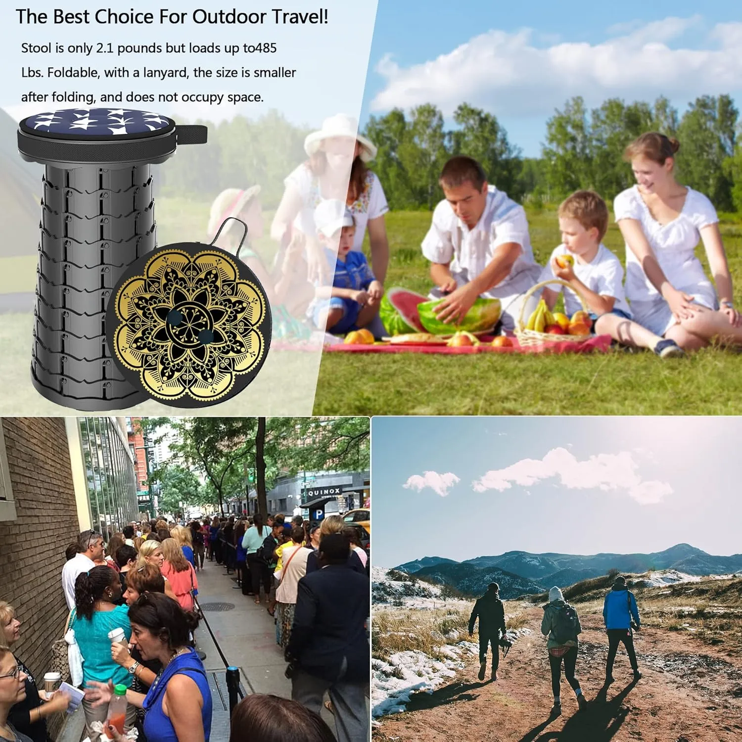 ALEVMOOM Upgraded Telescoping Collapsible Stool with Cushion, Folding Stool with Printing Portable Retractable Foldable Seat Max Load 550lbs for Adults Camping Fishing Outdoor (Window)