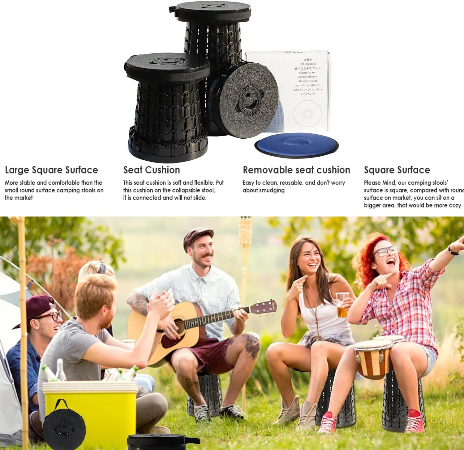 ALEVMOOM Upgraded XXL 19.7" Portable Collapsible Stool with Cushion,Telescoping Folding Stool for Adults,Yet More Sturdy Camping Stool with Load Capacity 1000lbs,for Outdoor Garden Hiking BBQ