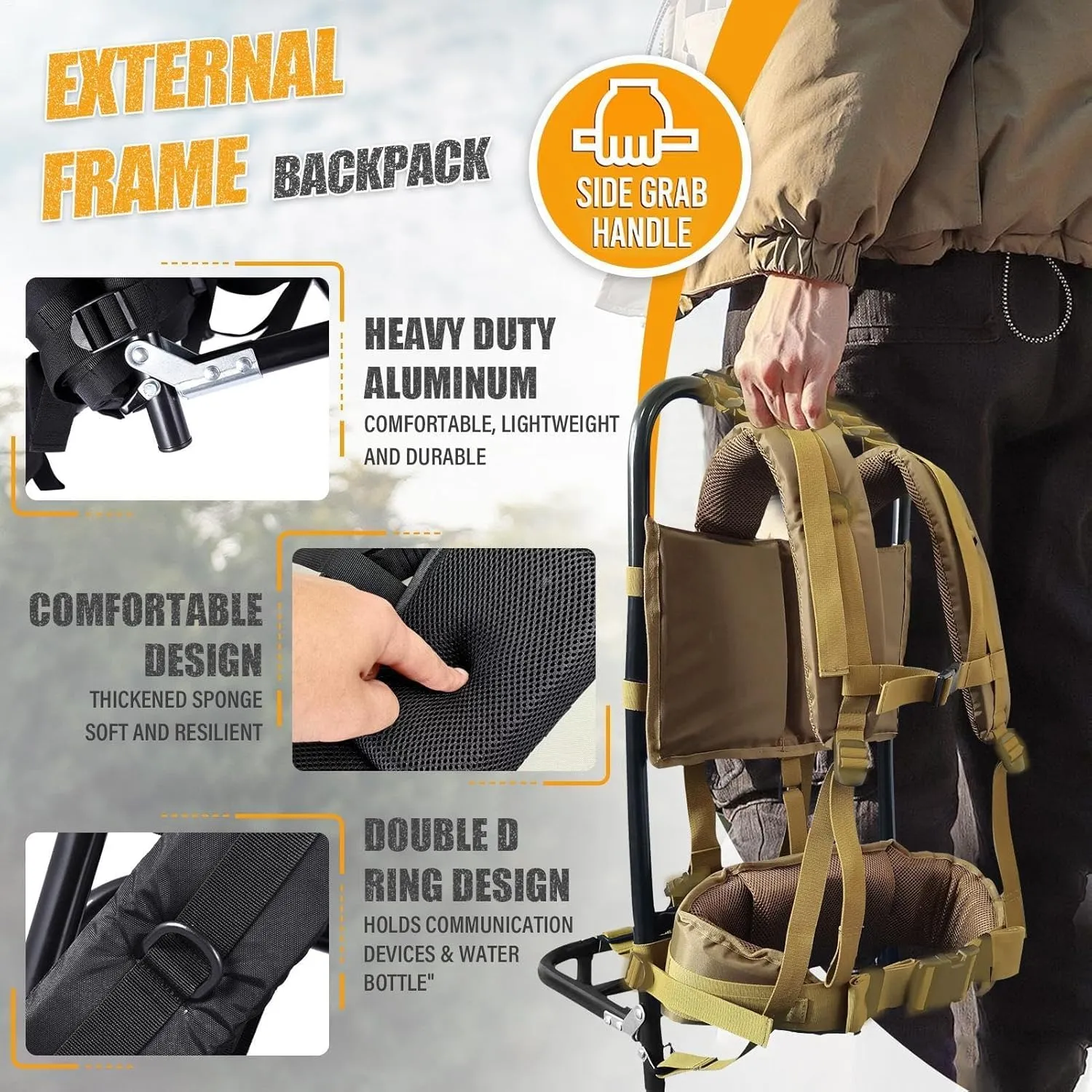 Alice Pack Frame, 132LBS External Frame Backpack Hiking Backpack Frame Hunting Pack Frame Hunting Backpack Frame, Backpack Accessories for Travel Mountaineering (Khaki)