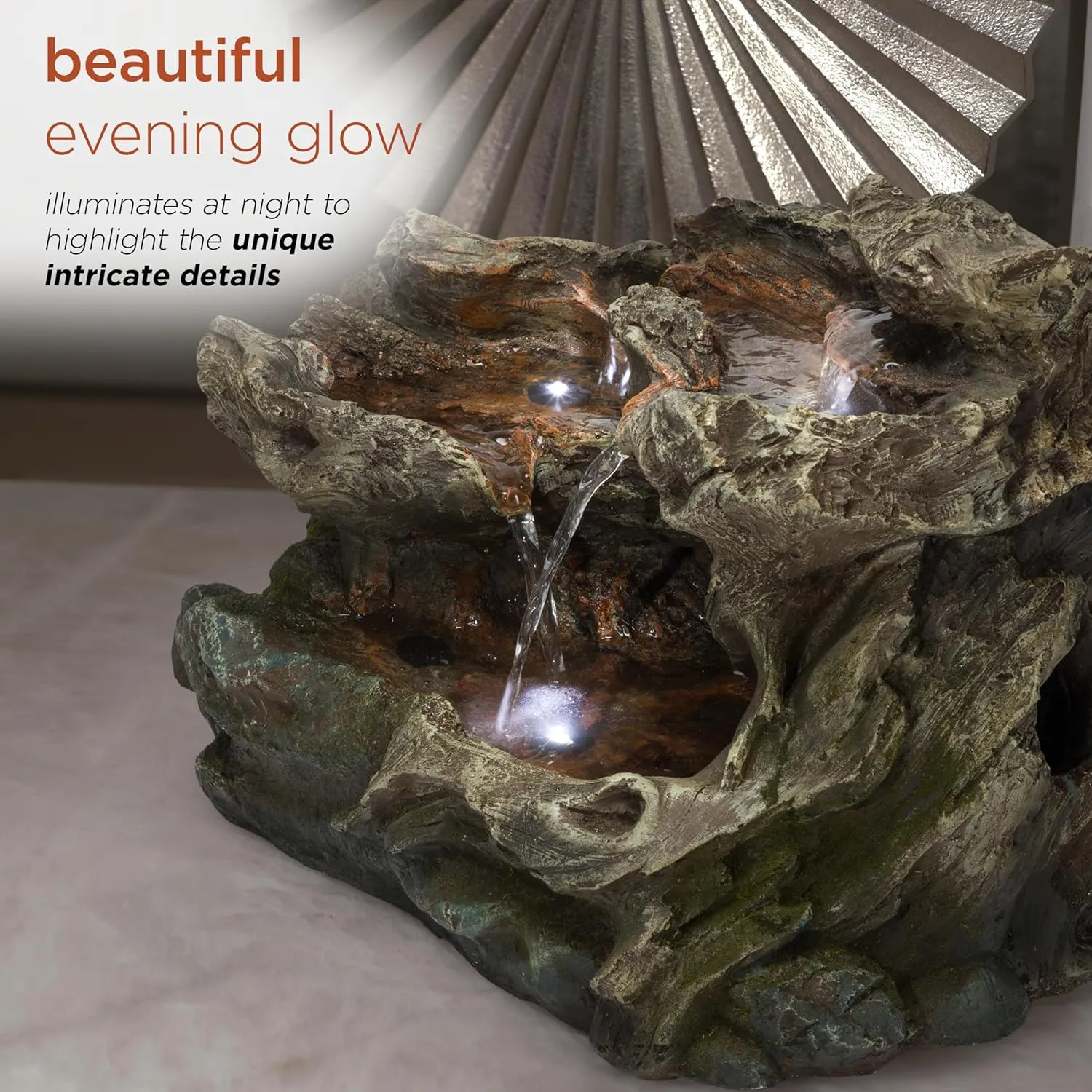 Alpine Corporation WIN1334 10" Tall Tabletop 3-Tier Waterfall Rock Fountain with LED Lights, Indoor Decorative Water Feature for Desk, Table, Office, and Home, Brown