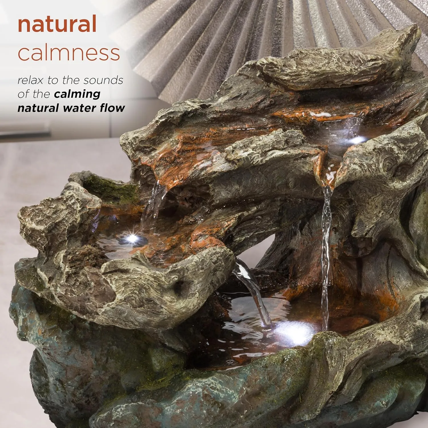 Alpine Corporation WIN1334 10" Tall Tabletop 3-Tier Waterfall Rock Fountain with LED Lights, Indoor Decorative Water Feature for Desk, Table, Office, and Home, Brown