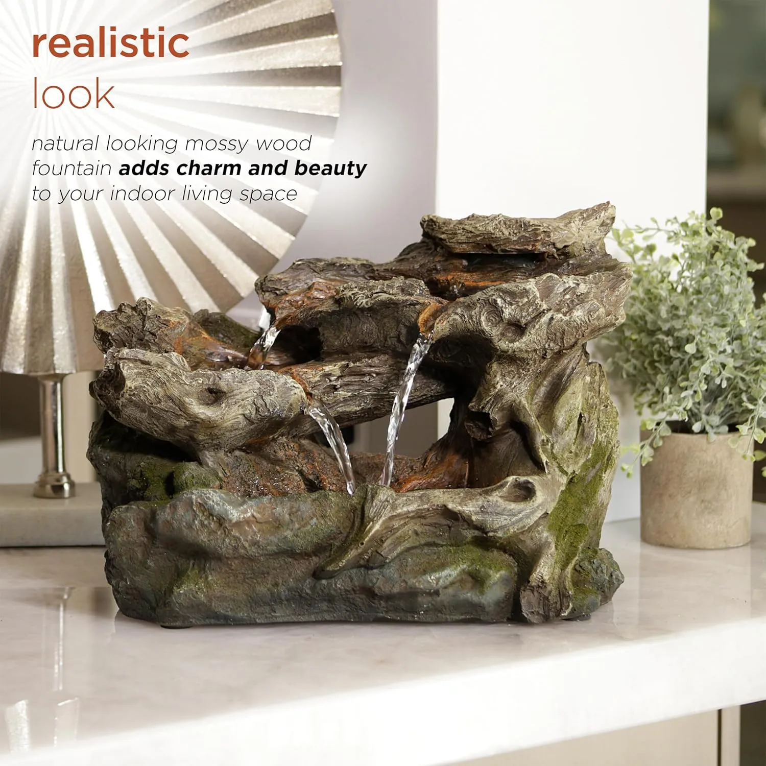 Alpine Corporation WIN1334 10" Tall Tabletop 3-Tier Waterfall Rock Fountain with LED Lights, Indoor Decorative Water Feature for Desk, Table, Office, and Home, Brown