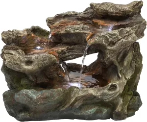 Alpine Corporation WIN1334 10" Tall Tabletop 3-Tier Waterfall Rock Fountain with LED Lights, Indoor Decorative Water Feature for Desk, Table, Office, and Home, Brown