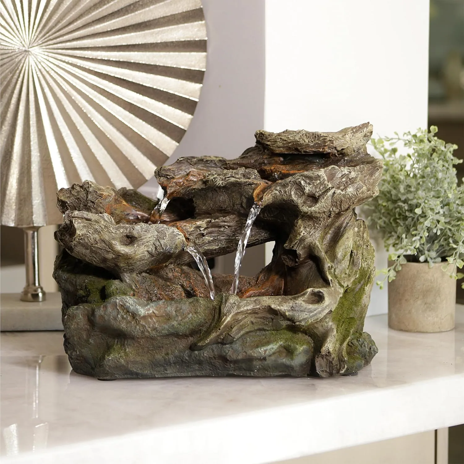 Alpine Corporation WIN1334 10" Tall Tabletop 3-Tier Waterfall Rock Fountain with LED Lights, Indoor Decorative Water Feature for Desk, Table, Office, and Home, Brown
