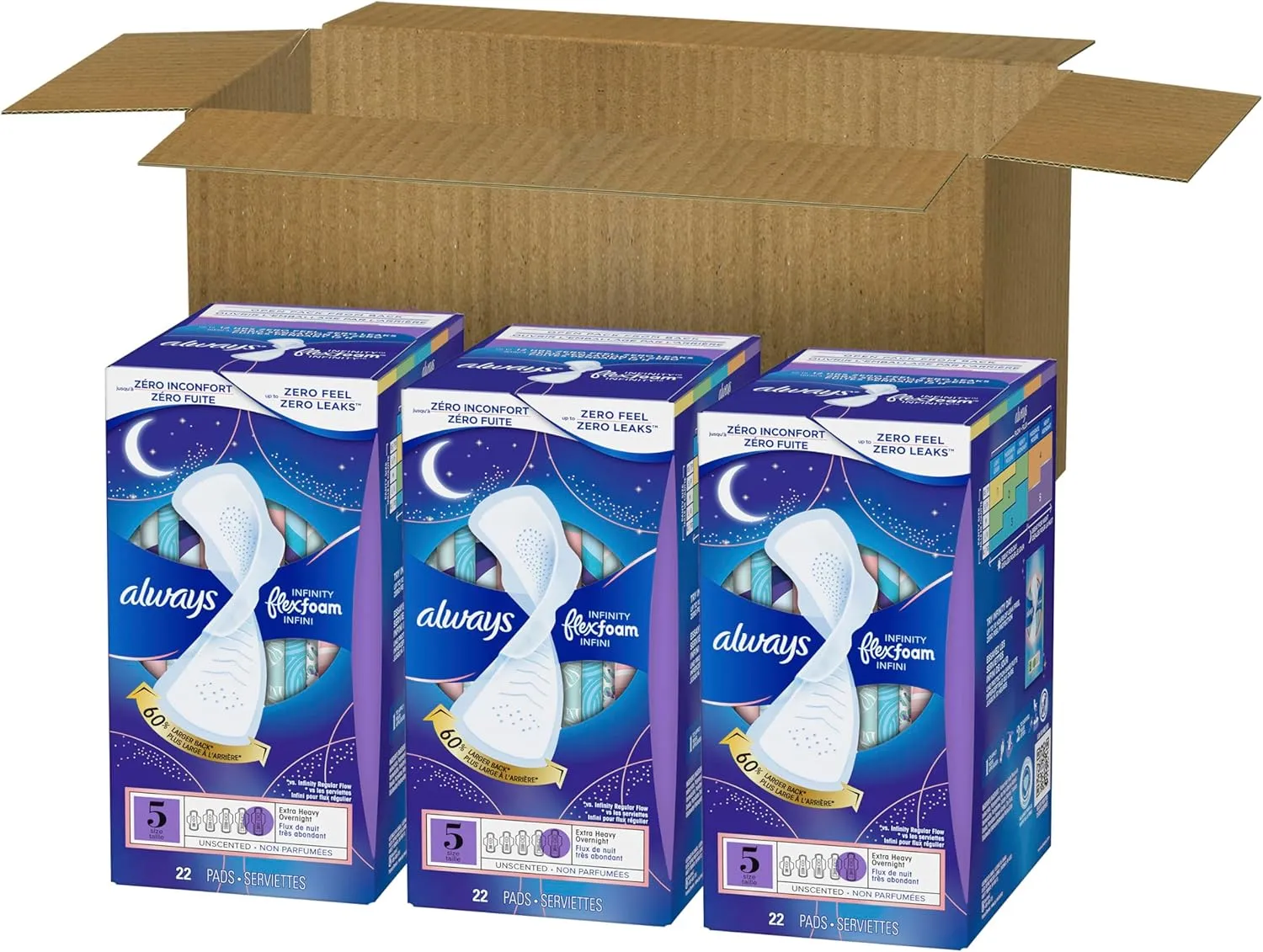 Always Infinity Feminine Pads for Women, Flexfoam Pads with Wings, Size 5, Extra Heavy Overnight Absorbency, Unscented, 66 Count (Packaging May Vary)