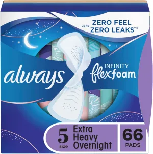 Always Infinity Feminine Pads for Women, Flexfoam Pads with Wings, Size 5, Extra Heavy Overnight Absorbency, Unscented, 66 Count (Packaging May Vary)