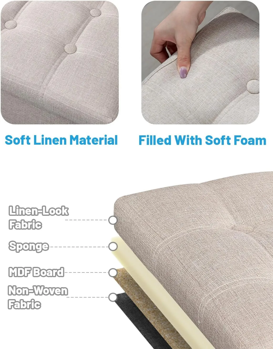 AmasSmile Storage Ottoman Folding Foot Rest Stool, 17 inch Linen Footstool Bench, Short Ottoman Bench, Storage Foot Rest Store, Books, Beige