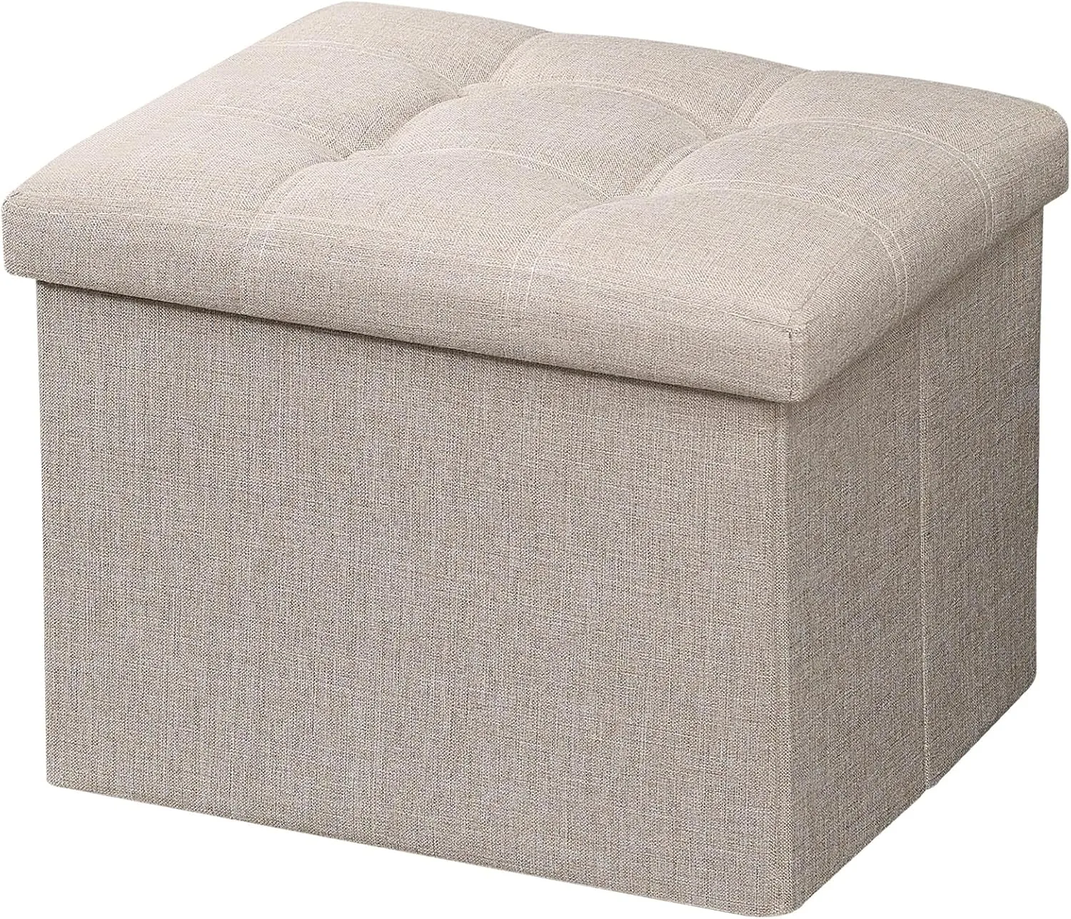 AmasSmile Storage Ottoman Folding Foot Rest Stool, 17 inch Linen Footstool Bench, Short Ottoman Bench, Storage Foot Rest Store, Books, Beige