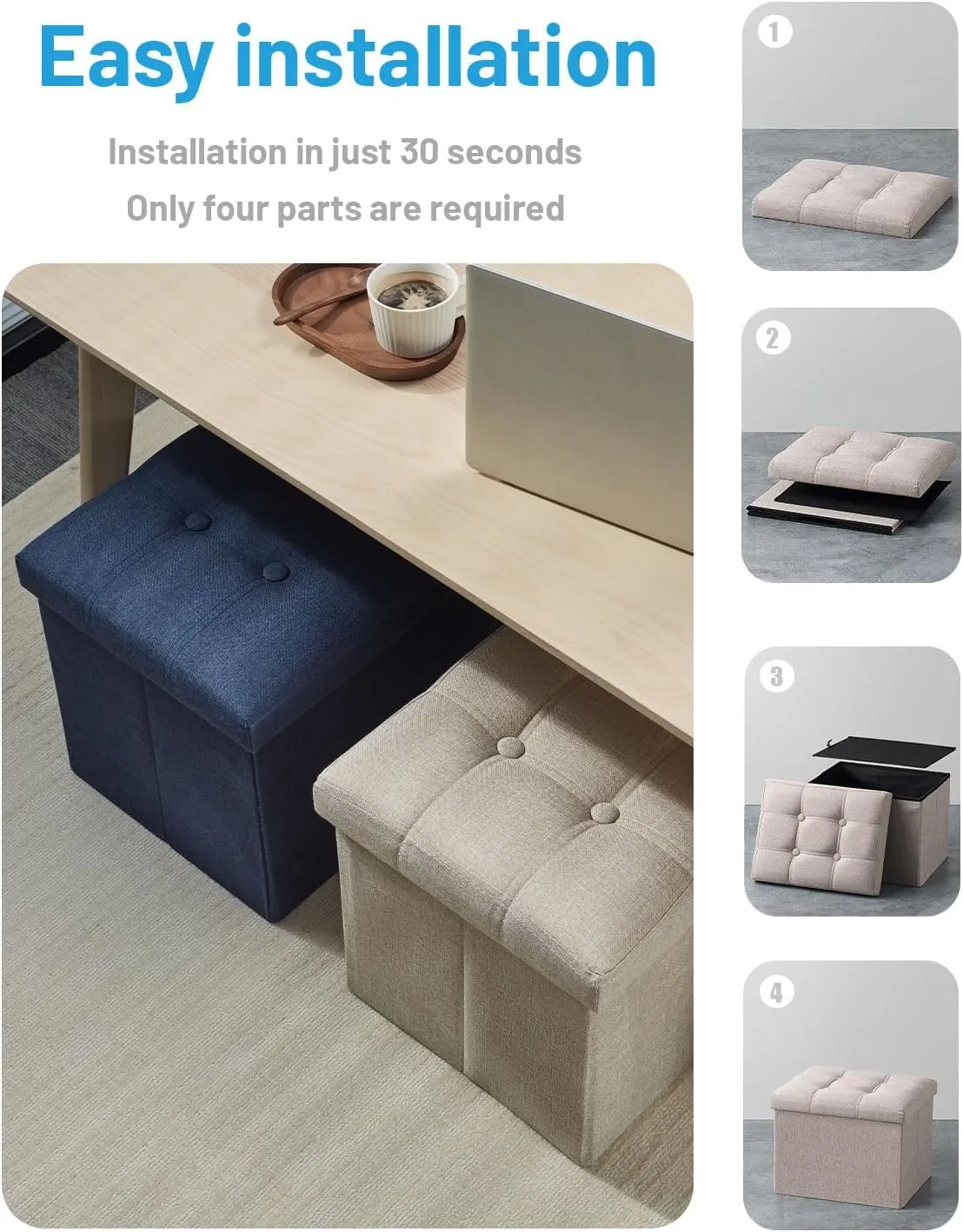 AmasSmile Storage Ottoman Folding Foot Rest Stool, 17 inch Linen Footstool Bench, Short Ottoman Bench, Storage Foot Rest Store, Books, Beige