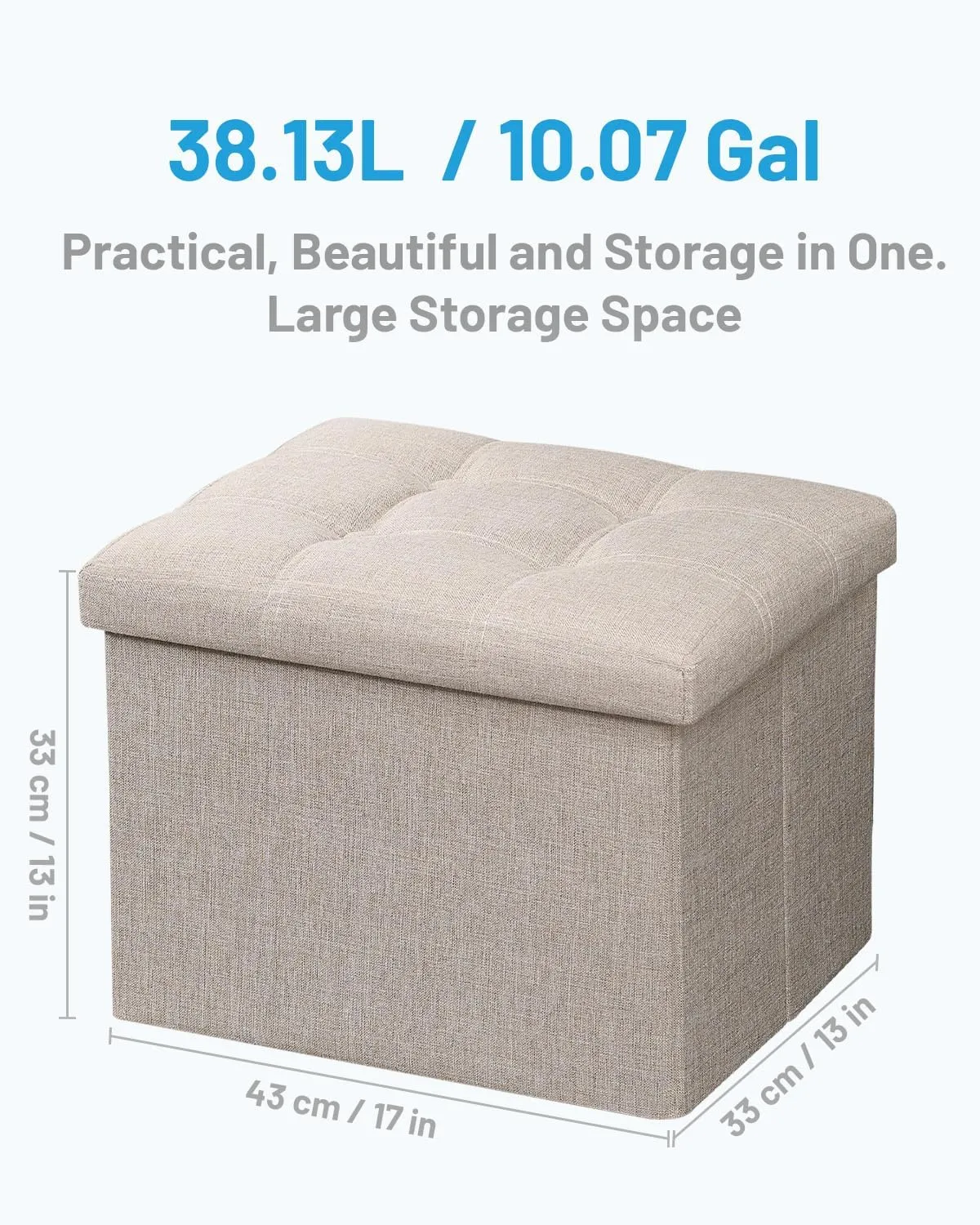 AmasSmile Storage Ottoman Folding Foot Rest Stool, 17 inch Linen Footstool Bench, Short Ottoman Bench, Storage Foot Rest Store, Books, Beige