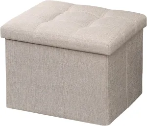AmasSmile Storage Ottoman Folding Foot Rest Stool, 17 inch Linen Footstool Bench, Short Ottoman Bench, Storage Foot Rest Store, Books, Beige