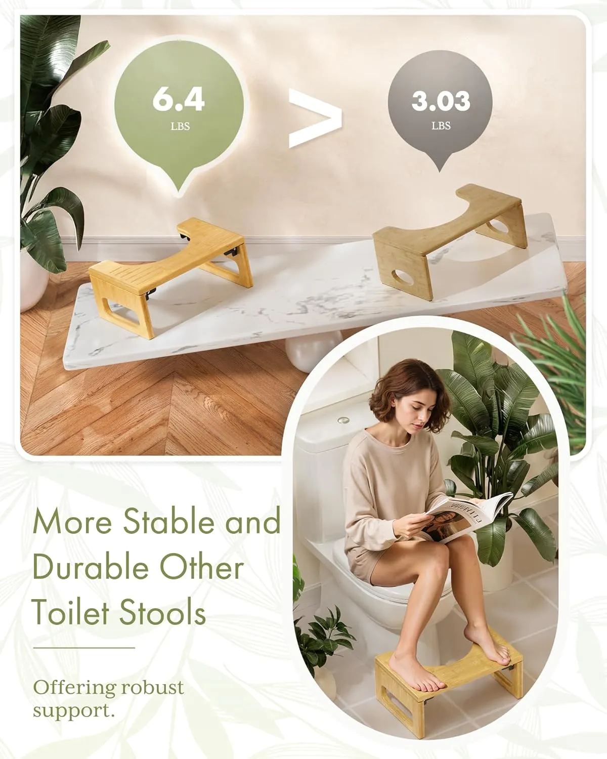AmazerBath 7 Inches Bamboo Toilet Stool Squat for Adult, Foldable Squatting Potty Stool for Bathroom, Poop Step Stool with Non-Slip Strip, Space-Saving, No Assembly Required, Natural Color