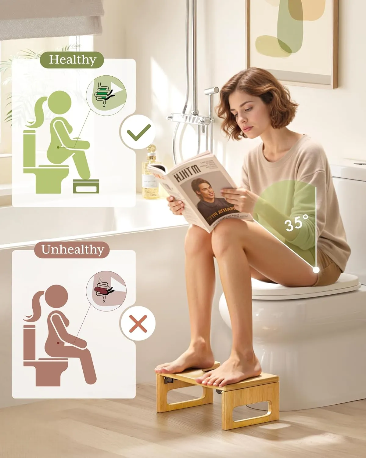 AmazerBath 7 Inches Bamboo Toilet Stool Squat for Adult, Foldable Squatting Potty Stool for Bathroom, Poop Step Stool with Non-Slip Strip, Space-Saving, No Assembly Required, Natural Color