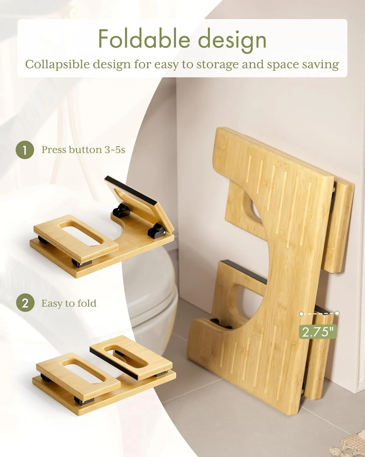 AmazerBath 7 Inches Bamboo Toilet Stool Squat for Adult, Foldable Squatting Potty Stool for Bathroom, Poop Step Stool with Non-Slip Strip, Space-Saving, No Assembly Required, Natural Color