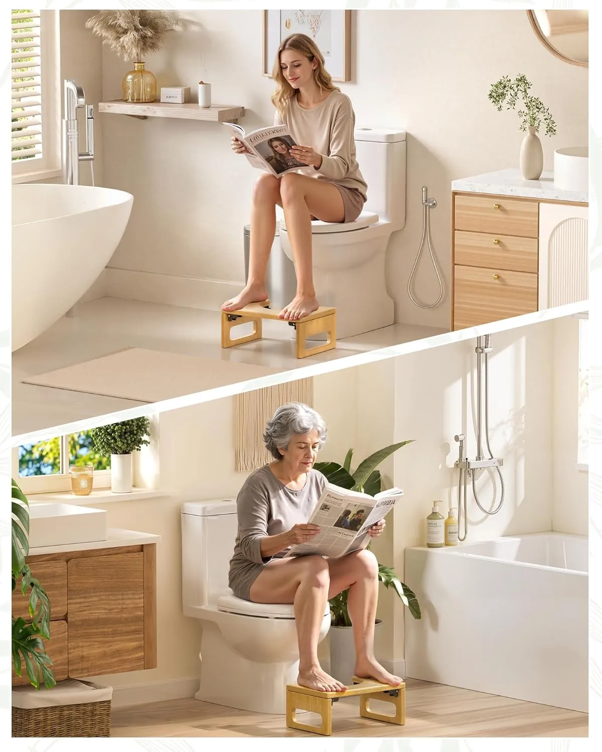 AmazerBath 7 Inches Bamboo Toilet Stool Squat for Adult, Foldable Squatting Potty Stool for Bathroom, Poop Step Stool with Non-Slip Strip, Space-Saving, No Assembly Required, Natural Color