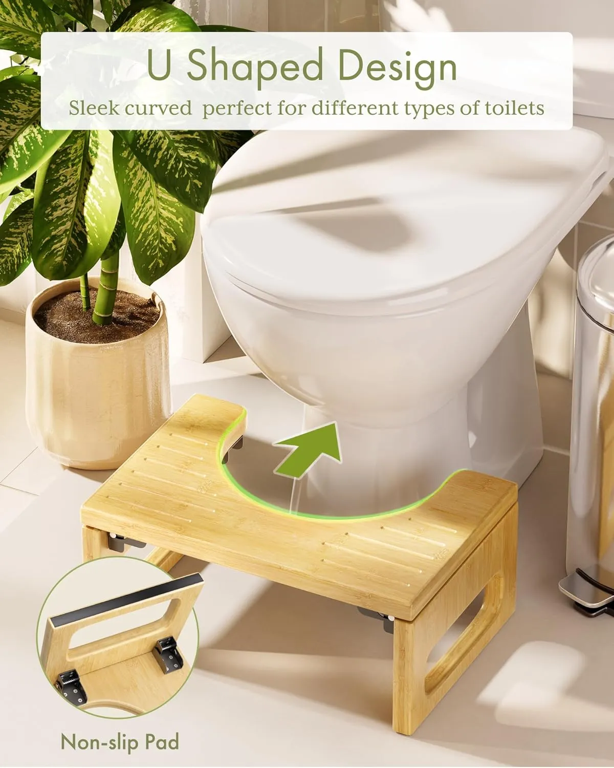AmazerBath 7 Inches Bamboo Toilet Stool Squat for Adult, Foldable Squatting Potty Stool for Bathroom, Poop Step Stool with Non-Slip Strip, Space-Saving, No Assembly Required, Natural Color