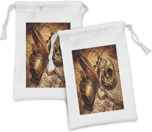 Ambesonne Antique Fabric Pouch Set of 2, Compass Goose Quill Pen Spyglass and a Pocket Watch Lying on an Old Map Print, Small Drawstring Bag for Toiletries Masks and Favors, 9" x 6", Orange Brown