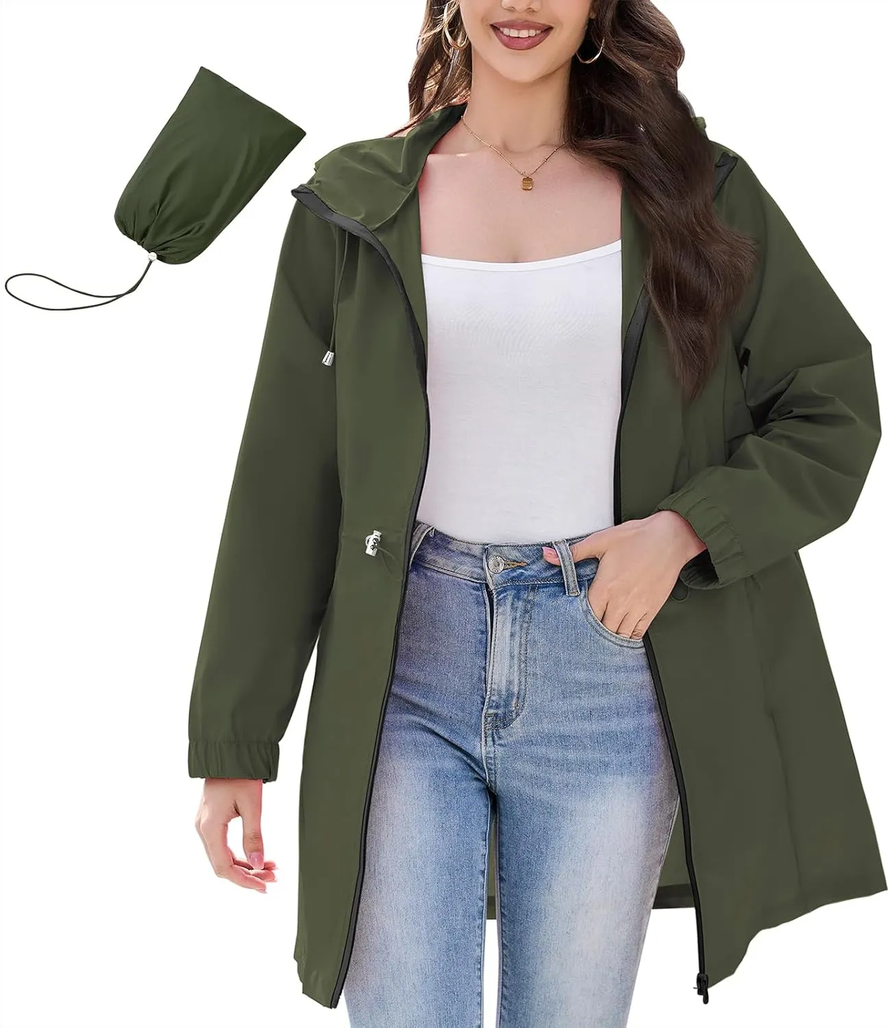 American Trends Rain Jacket Women Waterproof Packable Raincoats for Women Long Rain Coats Windbreaker
