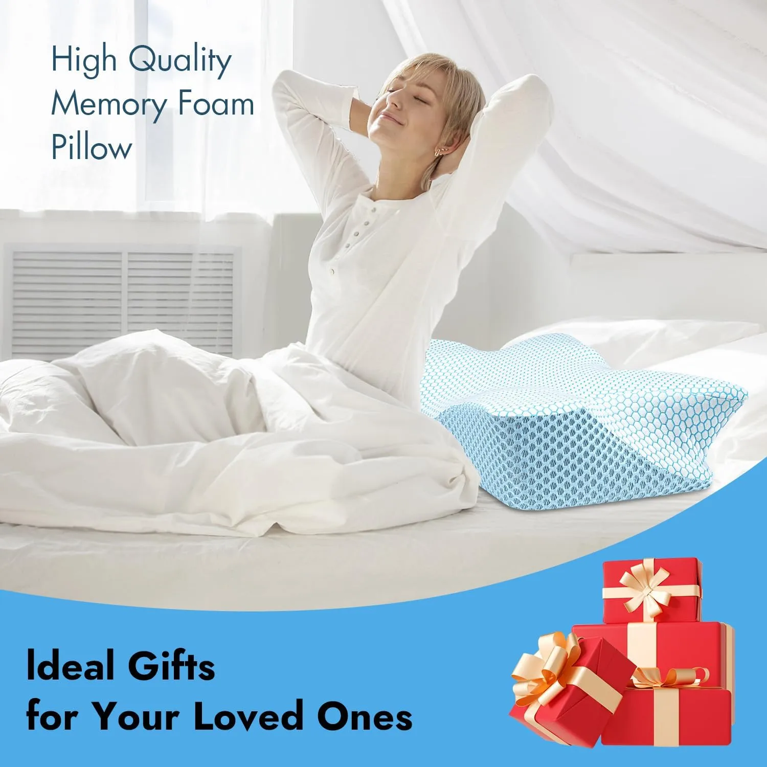Anvo Cervical Pillow for Neck Pain Relief, Memory Foam Pillows for Neck and Shoulder Pain, Orthopedic Ergonomic Design for Sleeping, Suitable for Side Back and Stomach Sleeper, Indigo Firm