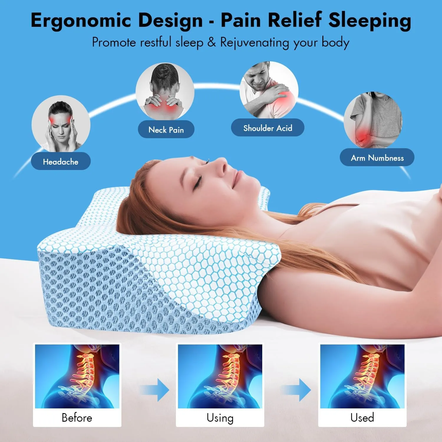Anvo Cervical Pillow for Neck Pain Relief, Memory Foam Pillows for Neck and Shoulder Pain, Orthopedic Ergonomic Design for Sleeping, Suitable for Side Back and Stomach Sleeper, Indigo Firm
