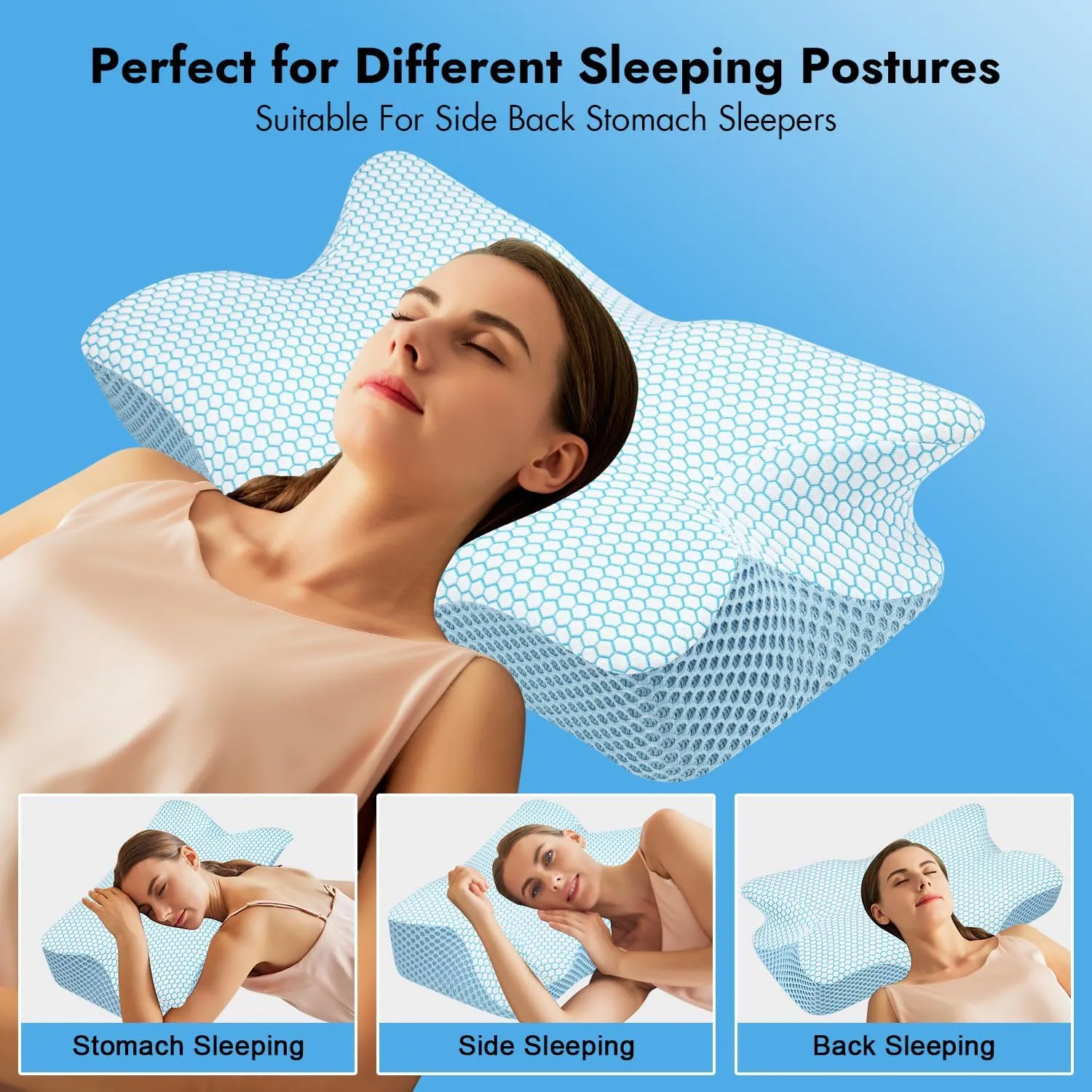 Anvo Cervical Pillow for Neck Pain Relief, Memory Foam Pillows for Neck and Shoulder Pain, Orthopedic Ergonomic Design for Sleeping, Suitable for Side Back and Stomach Sleeper, Indigo Firm