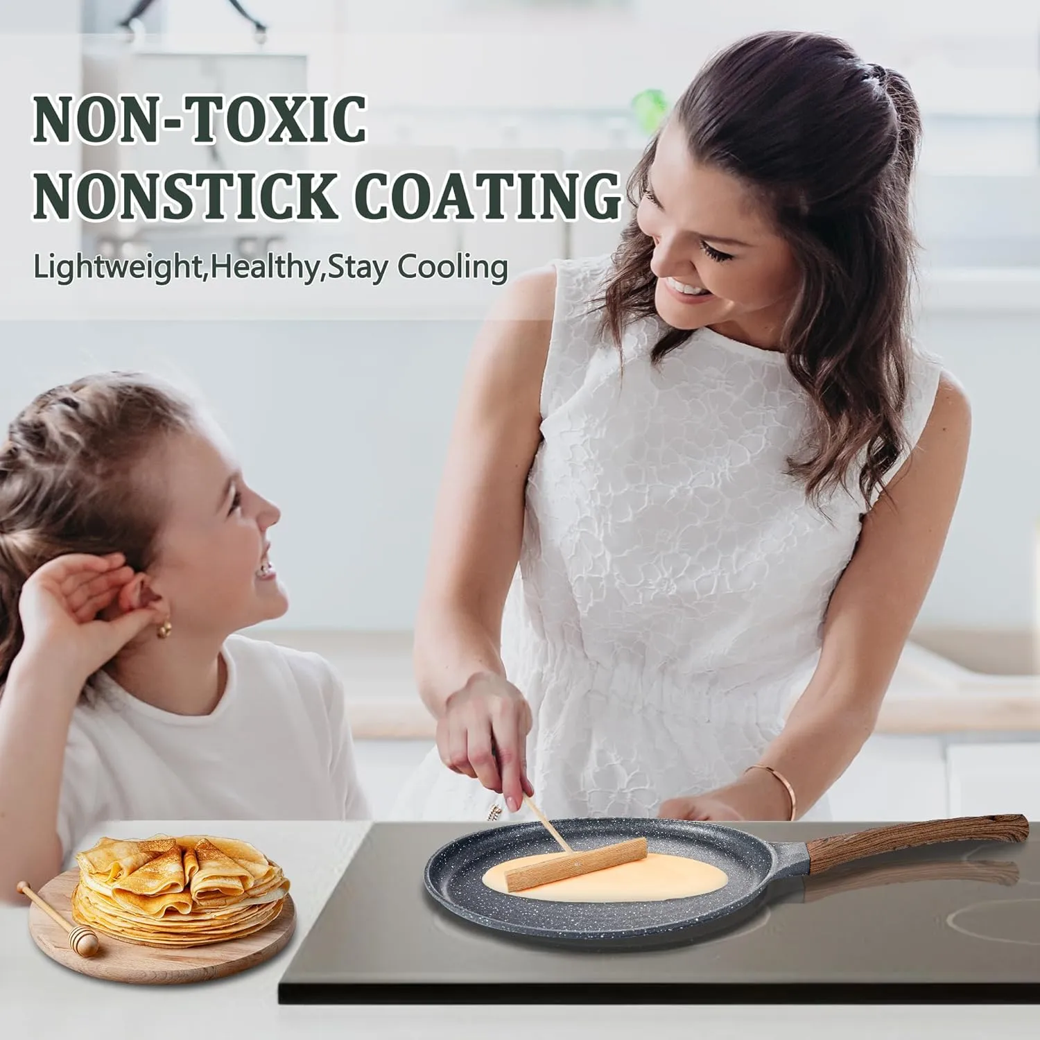 AOSION Nonstick Crepe Pan 9.5 inch,Ceramic Crepe Pan,Dosa Tawa Pan, Ceramic Coated PFOA-Free, Ergonomic Handle, With Pancake Tools, Forged Aluminum Induction Safe
