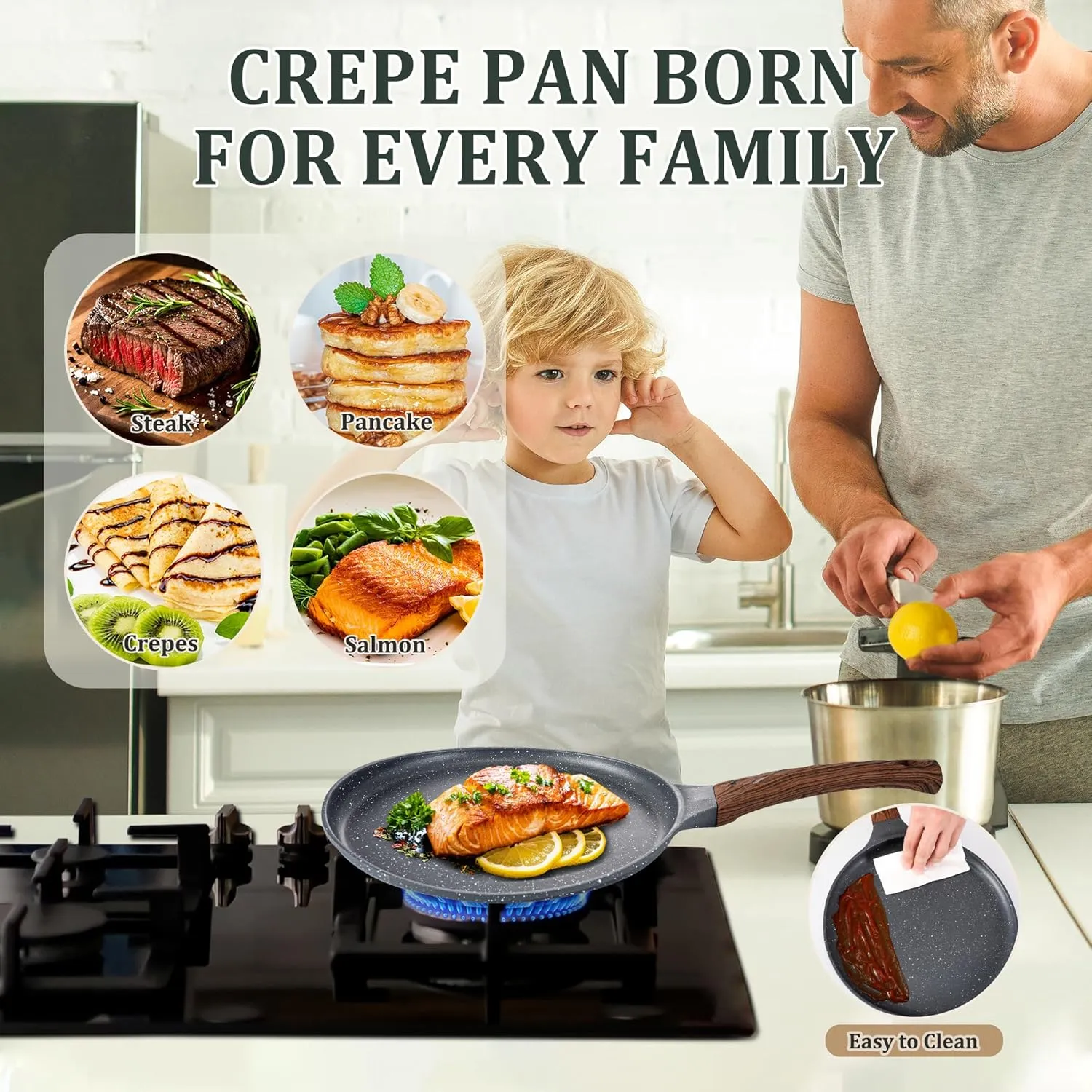 AOSION Nonstick Crepe Pan 9.5 inch,Ceramic Crepe Pan,Dosa Tawa Pan, Ceramic Coated PFOA-Free, Ergonomic Handle, With Pancake Tools, Forged Aluminum Induction Safe