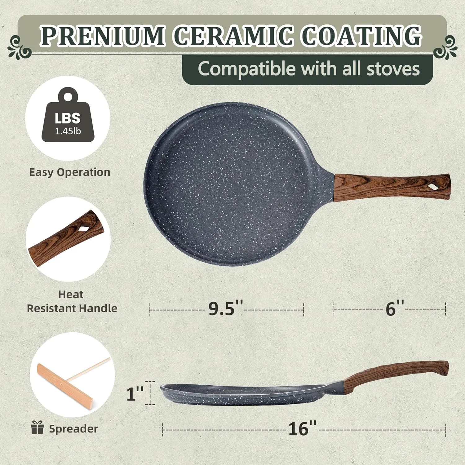 AOSION Nonstick Crepe Pan 9.5 inch,Ceramic Crepe Pan,Dosa Tawa Pan, Ceramic Coated PFOA-Free, Ergonomic Handle, With Pancake Tools, Forged Aluminum Induction Safe