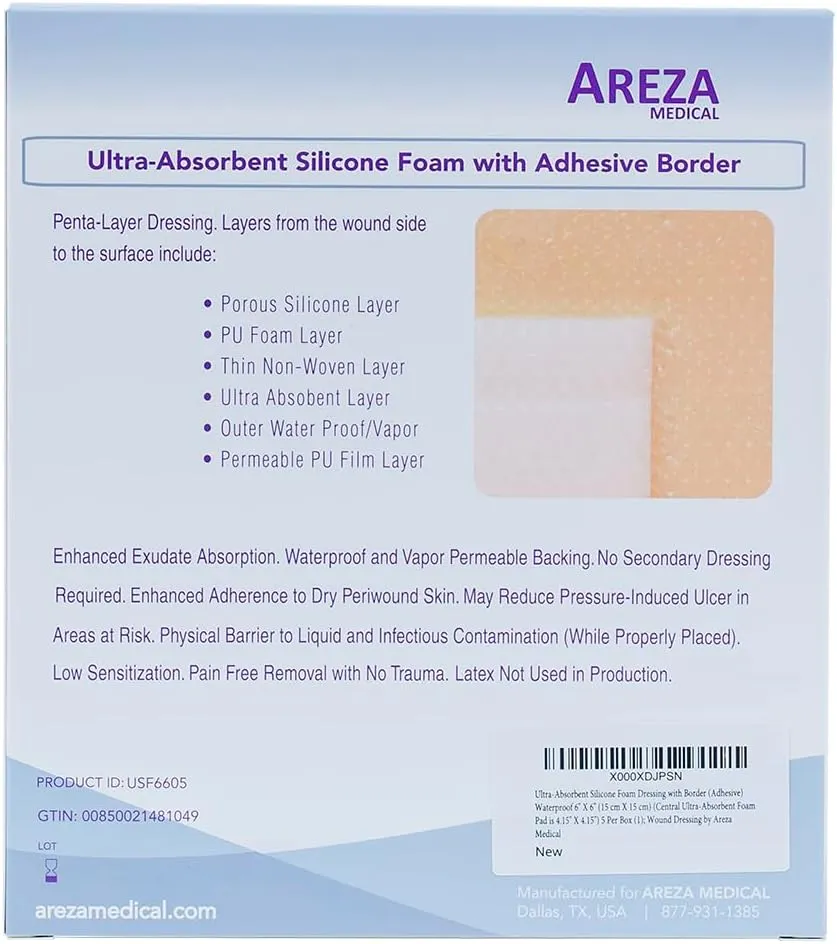 Areza Medical - Silicone Foam with Super-Absorbent Layer - Wound Dressing - Waterproof - with Silicone Adhesive Border - Sterile - 6" x 6" - 5 PCS per Box - FSA/HSA Approved