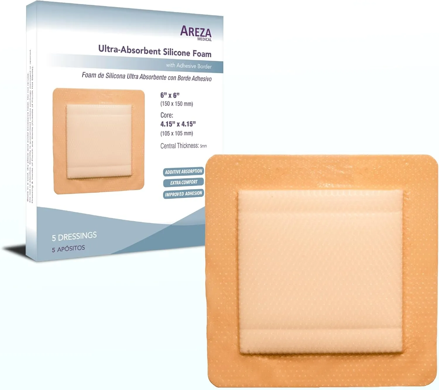 Areza Medical - Silicone Foam with Super-Absorbent Layer - Wound Dressing - Waterproof - with Silicone Adhesive Border - Sterile - 6" x 6" - 5 PCS per Box - FSA/HSA Approved