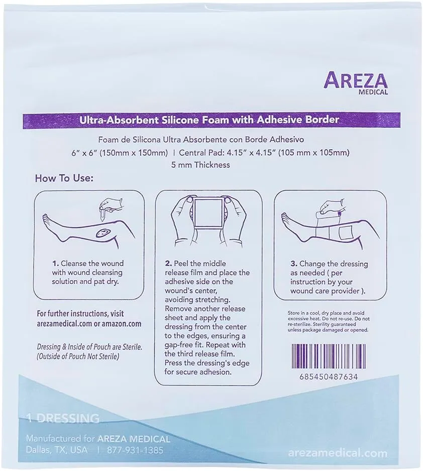Areza Medical - Silicone Foam with Super-Absorbent Layer - Wound Dressing - Waterproof - with Silicone Adhesive Border - Sterile - 6" x 6" - 5 PCS per Box - FSA/HSA Approved