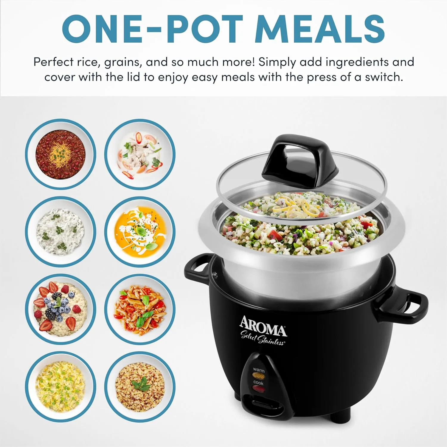 Aroma Housewares Select Stainless Rice Cooker & Warmer with Uncoated Inner Pot, 3-Cup(uncooked)/6-Cup(cooked)/ 1.2Qt, ARC-753SGB, Black