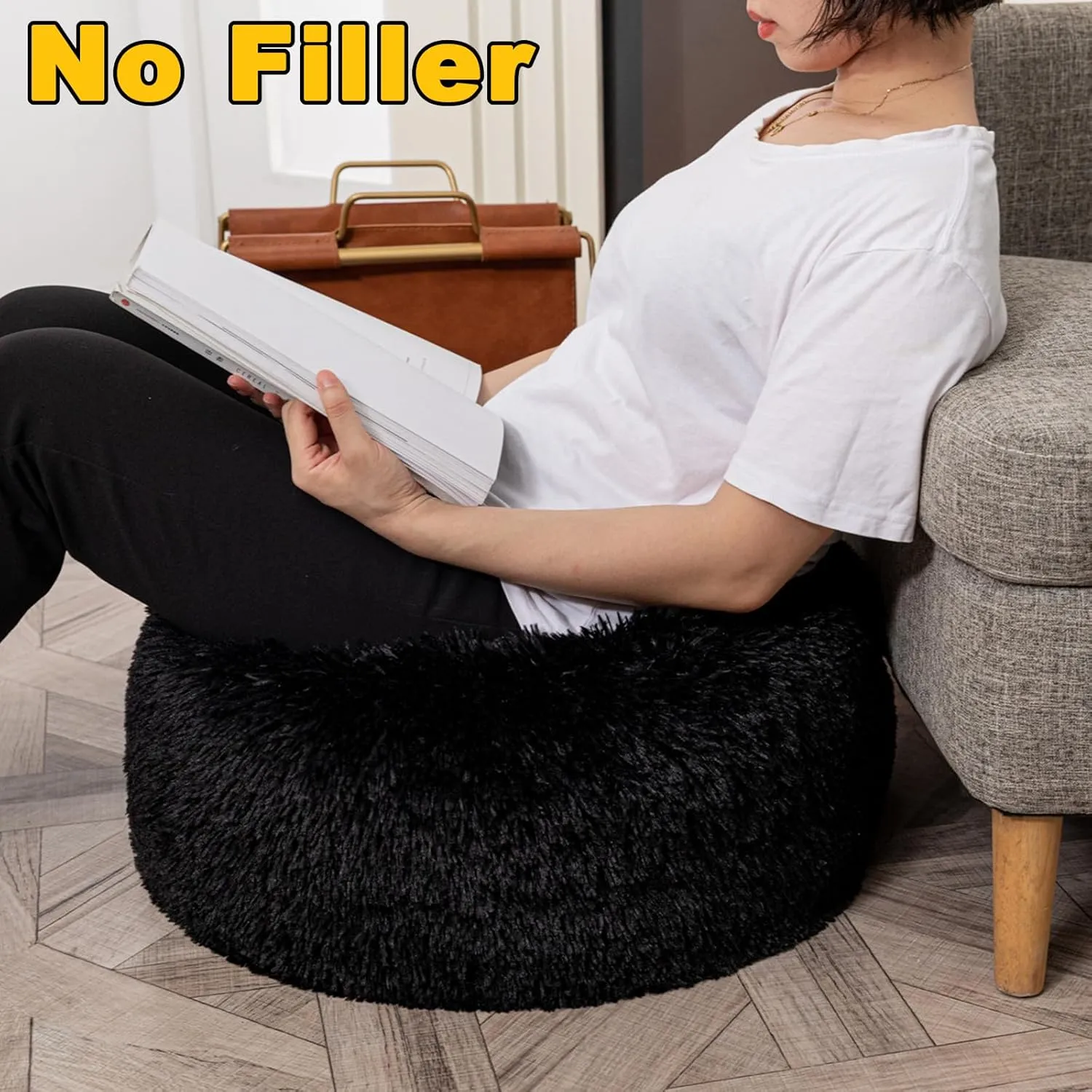 Asuprui Pouf Ottoman Floor Pouf Cover Ottoman Foot Rest NO Filler 20x20x12 Inches Round Poof Seat Floor Bean Bag Chair Foldable Floor Chair Storage for Living Room Bedroom Cover ONLY Black
