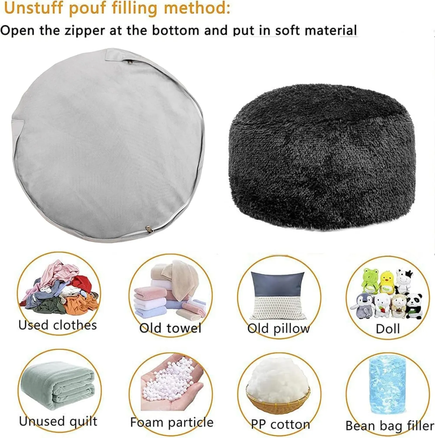 Asuprui Pouf Ottoman Floor Pouf Cover Ottoman Foot Rest NO Filler 20x20x12 Inches Round Poof Seat Floor Bean Bag Chair Foldable Floor Chair Storage for Living Room Bedroom Cover ONLY Black