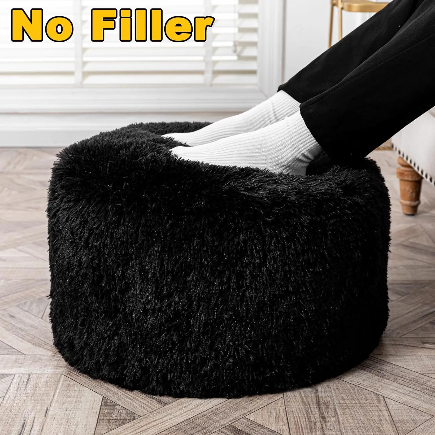 Asuprui Pouf Ottoman Floor Pouf Cover Ottoman Foot Rest NO Filler 20x20x12 Inches Round Poof Seat Floor Bean Bag Chair Foldable Floor Chair Storage for Living Room Bedroom Cover ONLY Black