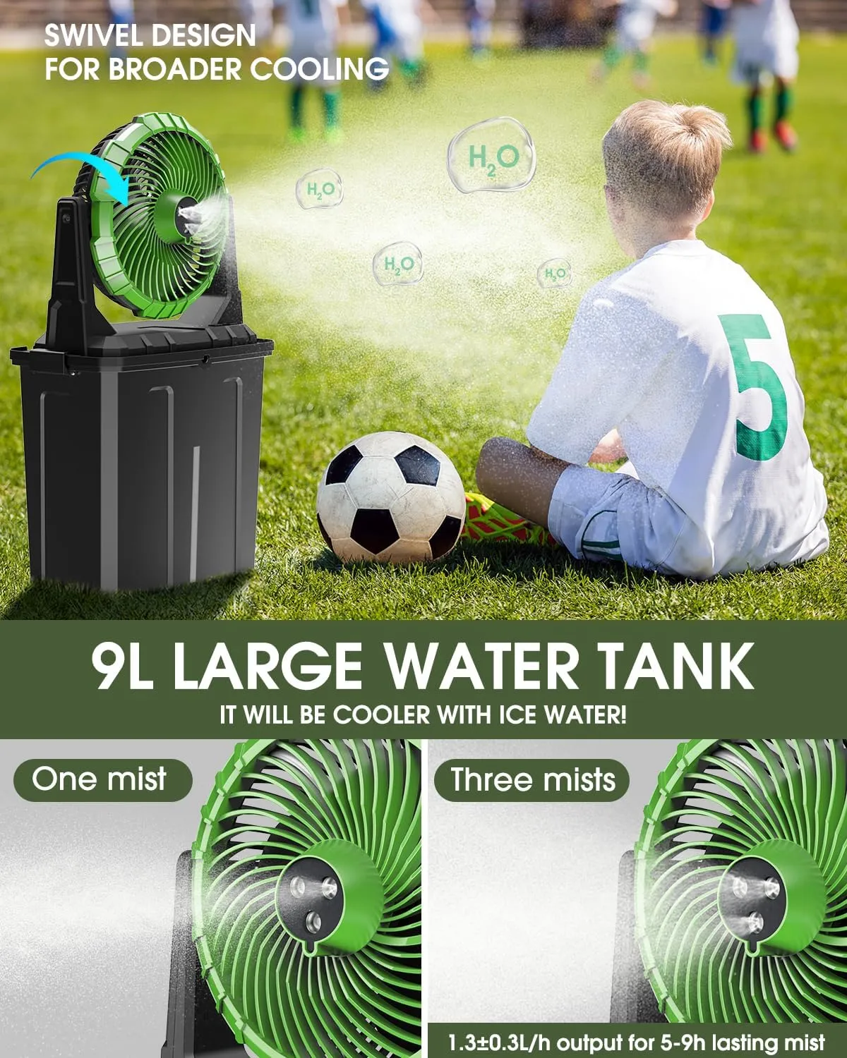 Ausic Portable Misting Fan - 9L Bucket, 10-inch Outdoor Fans for Patios/Camping/Beach/Golf etc., 20000mAh USB Rechargeable Battery Powered Floor Water Cooling Fan, 3 Strong Winds, 3 Spray Mister