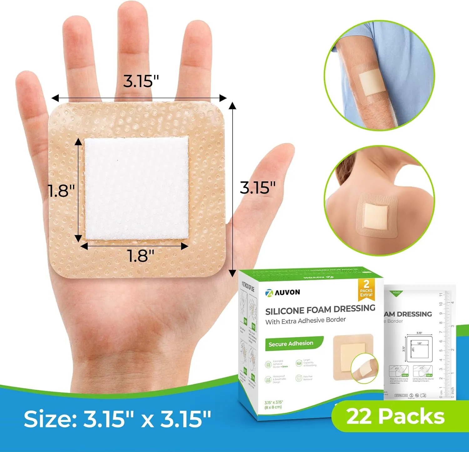 AUVON Silicone Foam Dressing with Large Adhesive Border, 3" x 3" 22 Packs Wound Dressing Bandage with High Absorbency, Waterproof Silicone Foam Pads for Wound Care, FSA/HSA Eligible