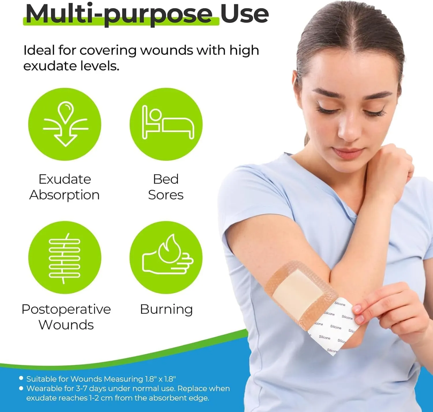 AUVON Silicone Foam Dressing with Large Adhesive Border, 3" x 3" 22 Packs Wound Dressing Bandage with High Absorbency, Waterproof Silicone Foam Pads for Wound Care, FSA/HSA Eligible