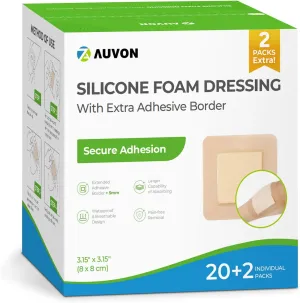 AUVON Silicone Foam Dressing with Large Adhesive Border, 3" x 3" 22 Packs Wound Dressing Bandage with High Absorbency, Waterproof Silicone Foam Pads for Wound Care, FSA/HSA Eligible