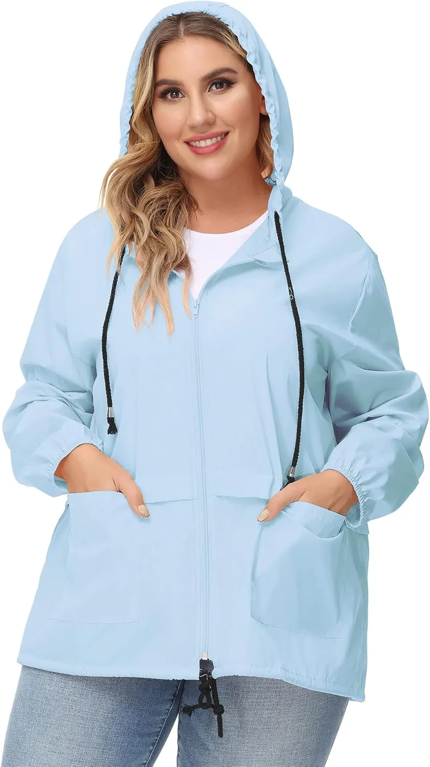 Avoogue Plus Size Raincoat Women Waterproof Rain Jacket Packable Outdoor Hooded Windbreaker