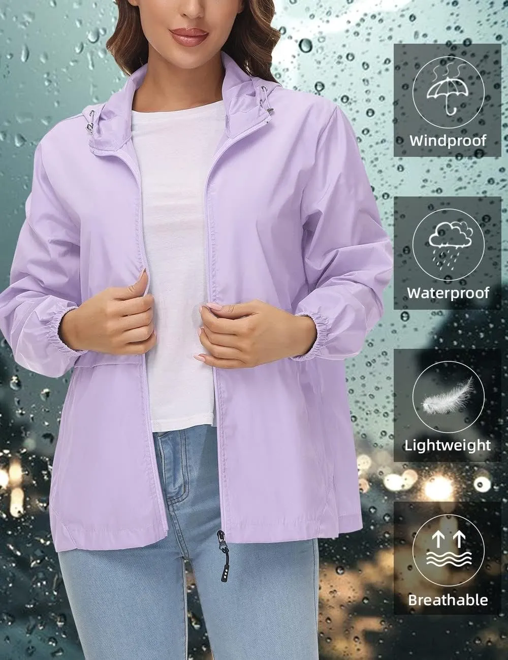 Avoogue Womens Waterproof Rain Jacket Lightweight Raincoat Packable Hooded Outdoor Windbreaker