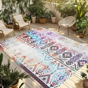 Aztec Outdoor Rug 4x6ft Large Patio Rug,Washable RV Camping Outside Area Runner Rug Mat,Southwest Geometric Colorful Mexican Stripe Bohemian Carpet for Picnic Backyard Deck Porch Balcony Beach Indoor
